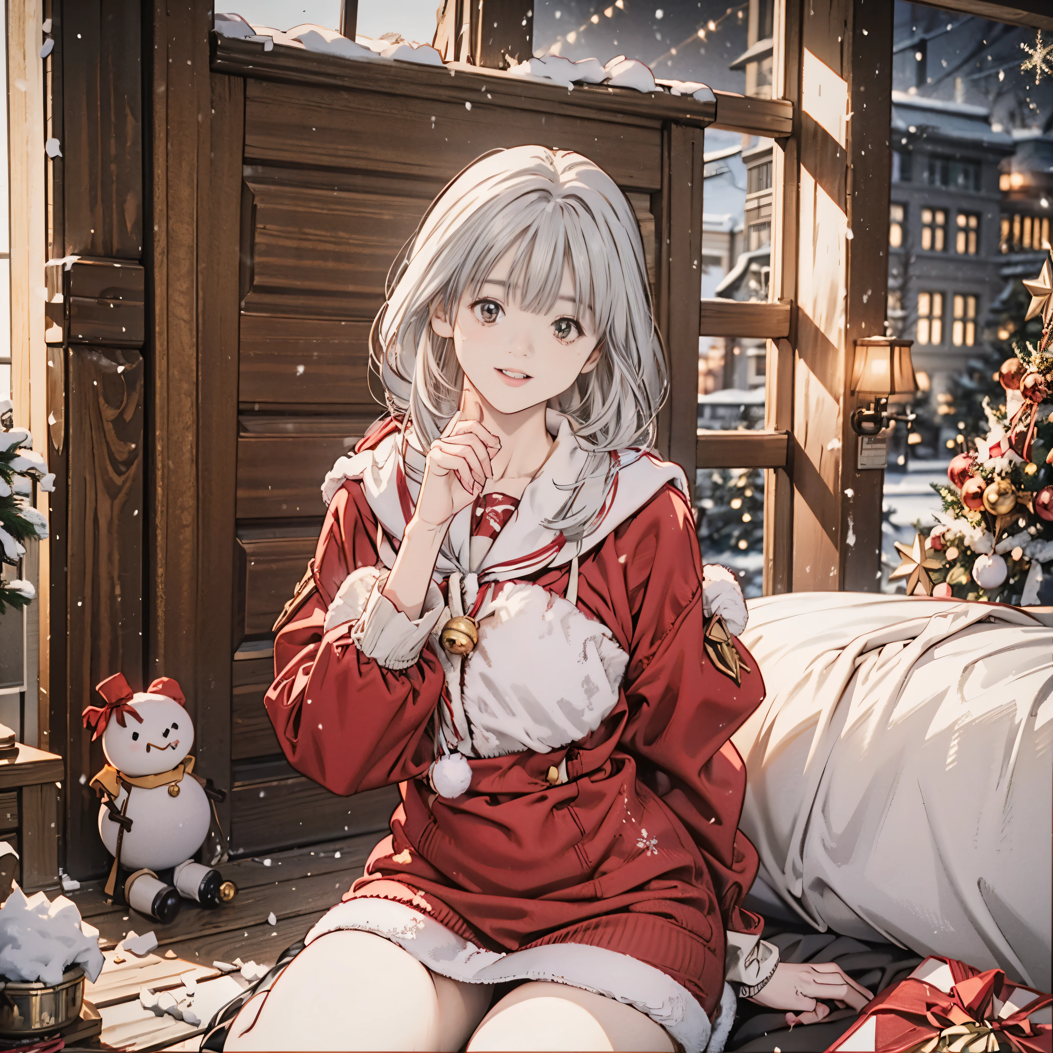 ((8k、Realistic、 RAW photos from the last century、Best Quality: 1.3)、（real skin）,beautiful expression、 super high definition、( Produced by Christmas,Fluffy)、 soft、 slender body sitting in a rock bath ,Curvy , Beautiful detailed face,( one girl playing pranks,長い silver hair, ponytail,Glasses ),beautiful、 Shows Attractive and Unrealistic ,Honey, anime girl,Pixiv, Fascinating  anime girl, mischief, mischief anime style, Iori, big soft boobs , snowman ,Holy Night, Honey,  I have a Christmas stick , laughing shyly 、 ponytail , silver hair , Round Glasses,  Christmas costume ,Glasses , smiling shyly 、background： Christmas、Snow is falling、 imaginary、angel、