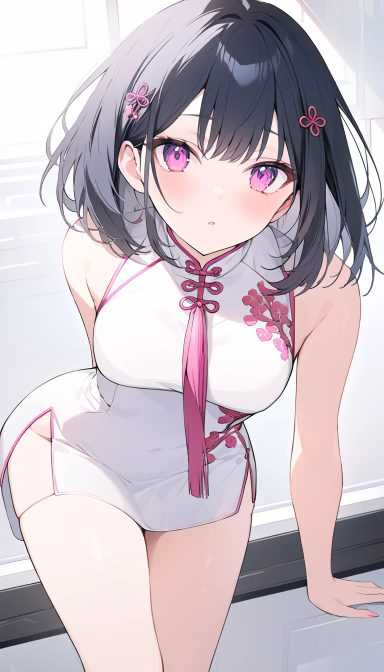 (Top quality line drawing,( Surprisingly Absurd )),(masterpiece:1.2), obscene expressions, Captivating eyes, Perfect Proportions,超 Hi-Res,  attention to detail,  high quality,  Hi-Res, 最 high quality,  cute girl,Black Hair,Pink Eyes, stylish,Thighs, , smaller breasts, short hair, China dress on the background