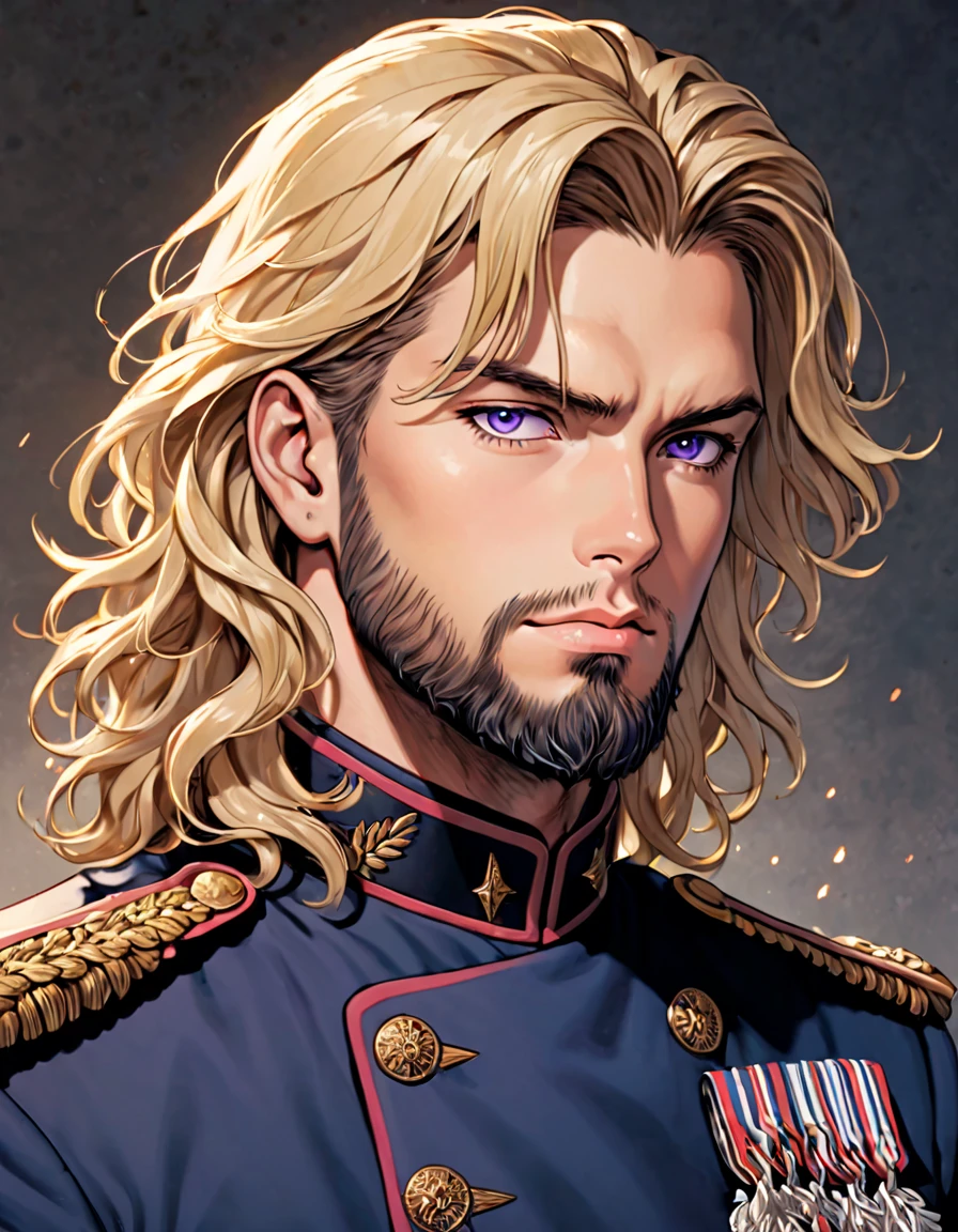 male, late 30s, blond, shoulder-length, middle-part wavy hair, light-purple, deep-set, Sanpaku eyes, slightly thick blond beard, aquiline and hooked nose, slightly underbite, chiseled, slightly long face, fearless expression, strong and dependable body, navy blue military uniform, portrait