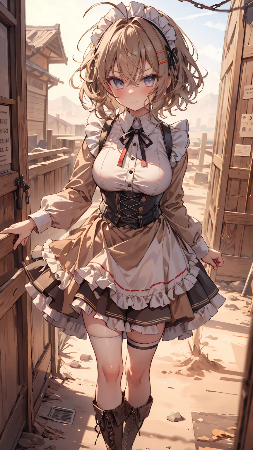 masterpiece, 1 girl, sparrow, a brown haired girl, wearing a maid clothes, curly short hair, messy hair, slim body, he close her left eye, shirt ornament, ruby eyes, ahoge, baby face, beautiful eyes, boots, droopy eyes, her age is 19, short hair, curly hair, MongolPunkAI, view from right down, lend a hand to you, he very close to you, smug smile, rainbow_one, brown tunic shirt, maid skirt, maid headband, maid, high quality, 8k, student, big breasts, beautiful breasts, white stocking, long sleeves, shsparkle, angry face,