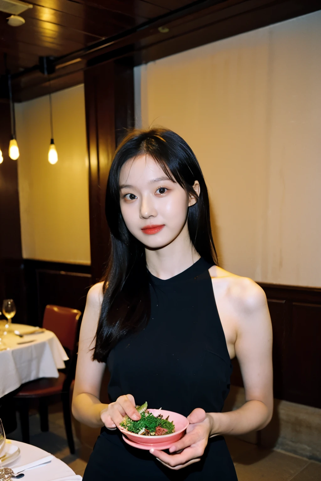 Overexposed Overexposure Flash photo of a beautiful korean girl  M1n4toz4k1 at a fancy restaurant.  she wears a black elegant dress.  The room is brightly lit. There is a plate of steak and potatoes on the table in front of her.