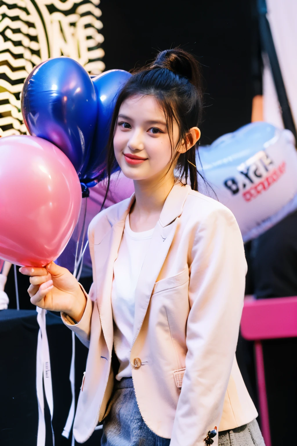 Create an image of a young woman at an event, posing in front of metallic silver balloons with a trendy aesthetic. She is wearing a chic black blazer over a simple outfit, and her hair is styled in a high ponytail, giving off a youthful yet professional vibe. The lighting is vibrant, with hints of purple and pink reflecting from the balloons, creating a celebratory atmosphere. 