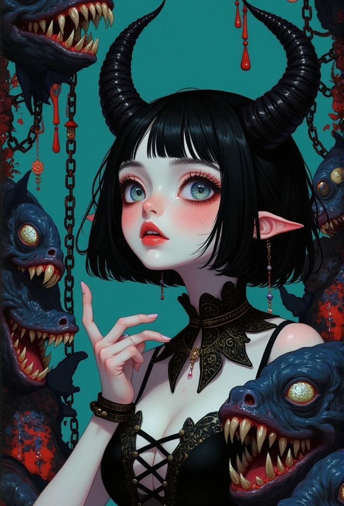 A painting。A charming lady, 1Succuba, with red teeth and black bob-cut with slanted bangs, horns, huge wings, she is surrounded by chains, look up, Enchanting, seductive, evil smile, dark fantasy creatures,