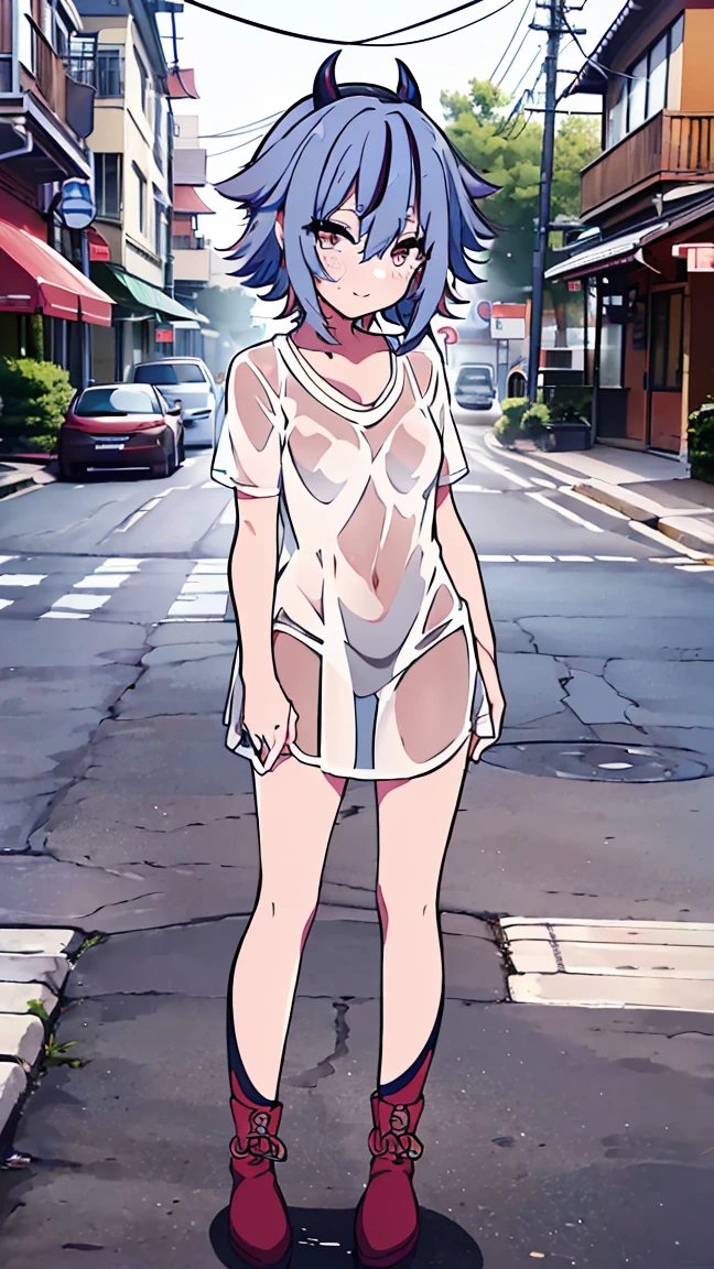 masterpiece, Best Quality,  Hi-Res,  very detailed,(((Mikoto Naruhana))), (((Multicolored Hair))), (((horn))), ((())), (((Wear a wet white shirt that you can see through))), ((( Standing in the Distance ))), (((Streetscape))), (((Cobblestones))),