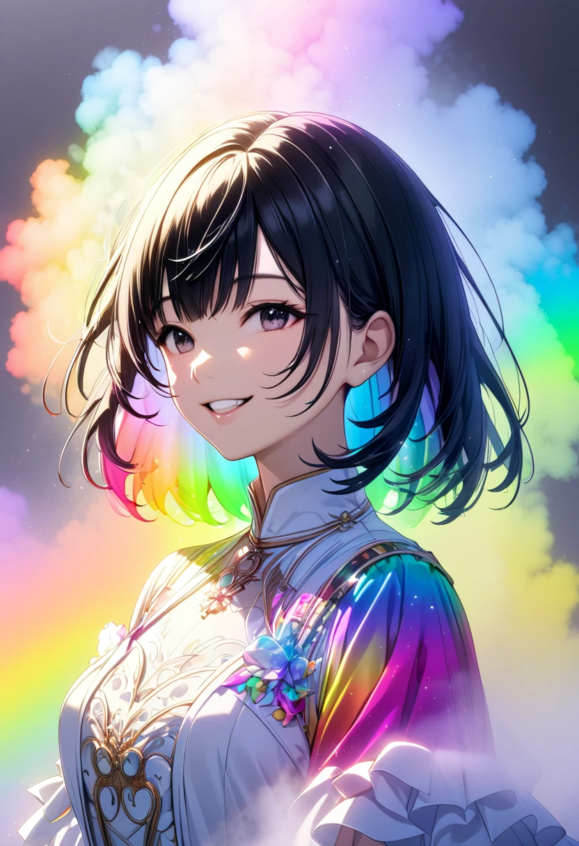 A woman with medium black hair holding a microphone with both hands"Haruna"The gentle smile , A vocal stage costume with a white base , 両手でマイクを握る,  upper body focus ,  bust up shot, ((background:Mysterious fog  , Rainbow, Neon Dust, Shading Effects,  gradient magic effect , Fog filter effect , Glitter Effect, Graphic CG digital art))