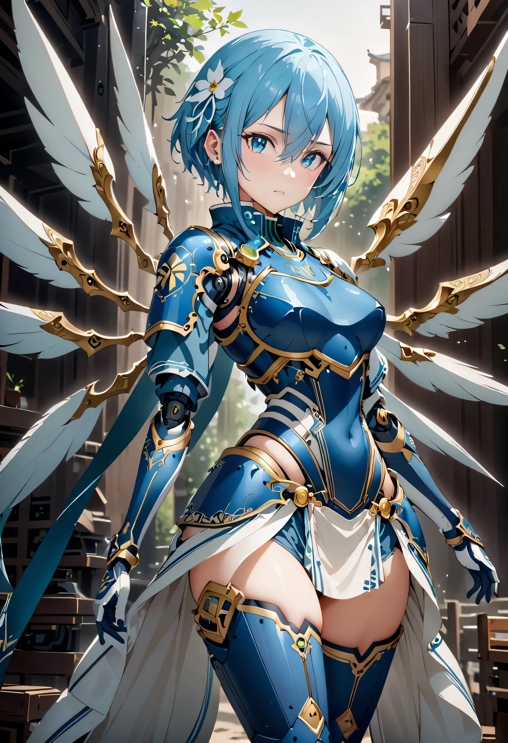 Alone,  1 girl, Android is not alone, shino asada,  short hair, bangs,  blue eyes, Hair accessories,  hair between eyes,  blue hair,  side lock, Vertical pupil, Gloves,  long sleeve , Wings, white Gloves, armor, shoulder armor, breastplate, blue armor,, arms, Focus on women, Cape, armor, Androidized 、Robotization, Handguard,  waist wrap skirt , breastplate, full armor， thigh high heel boots,  robotic joints 、anatomically correct machine body 　(((masterpiece)))， ((Best Quality))， (( intricate details))　(8k)、  full body shot 