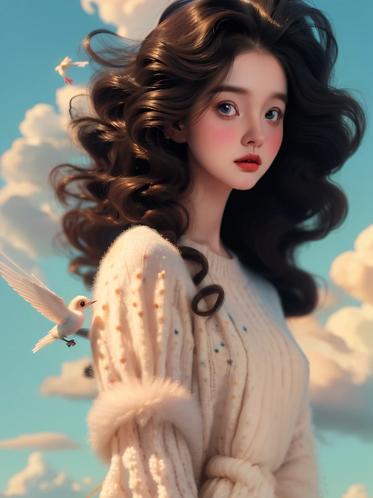 ( best quality,4K,8K, High Res,masterpiece:1.2), The girl in the cloud has hair as fluffy as clouds, Little Star, Fantasy illustrations, Dreamy colors,  illustration style . bright colors 