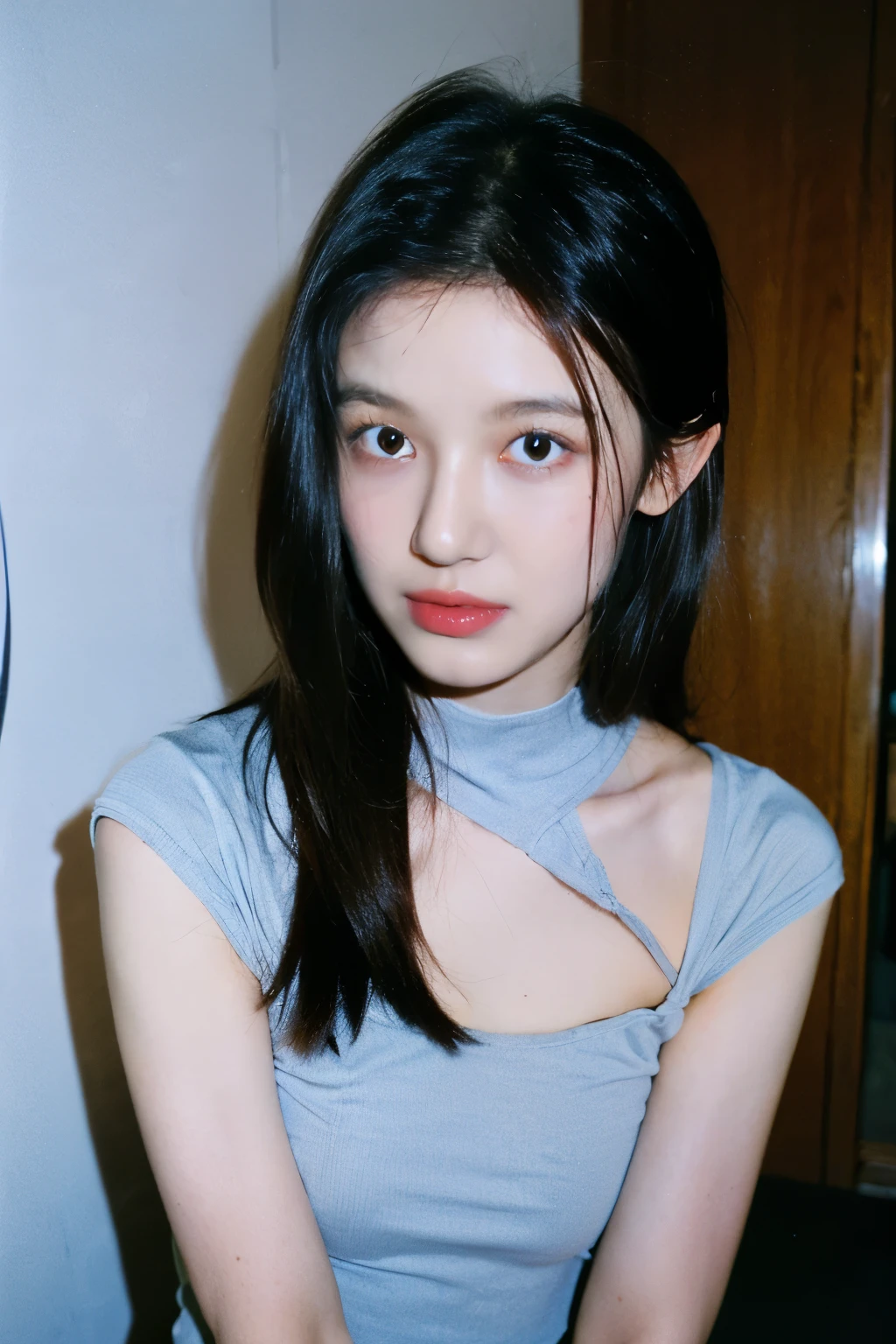 "(Top quality, 8K, high resolution, Artwork: 1.2), Highly detailed, (Realistic, Photorealistic, photo-realistic: 1.37), Portrait, 25 year old woman, wearing a tight blue bodysuit , striking black eyes, peach shag hairstyle, ghost town setting, calm atmosphere, professional photography, frontal picture, thigh gap, IU, blushing face, sfw, japanese photobook