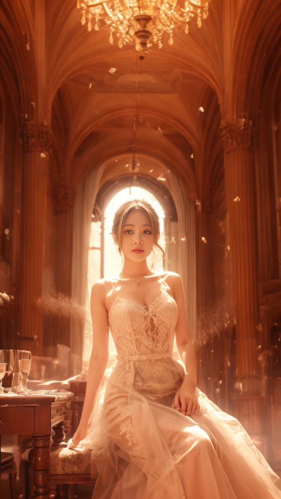 A BEAUTIFUL GIRL IS SITTING IN THE GREAT HALL