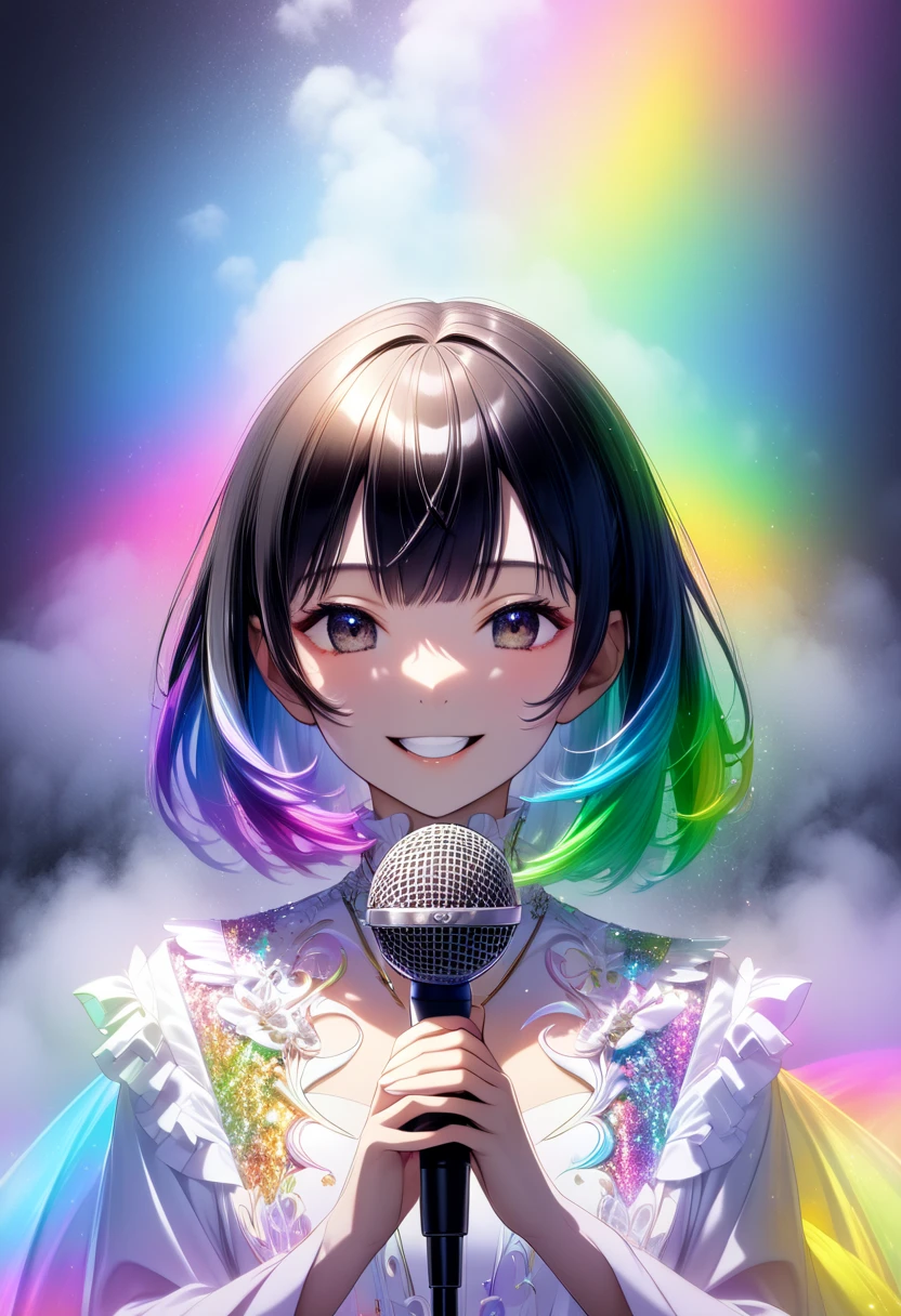 A woman with medium black hair holding a microphone with both hands"Haruna"The gentle smile , A vocal stage costume with a white base , Hold the microphone with both hands,  upper body focus ,  bust up shot, ((background:Mysterious fog  , Rainbow, Neon Dust, Shading Effects,  gradient magic effect , Fog filter effect , Glitter Effect, Graphic CG digital art))