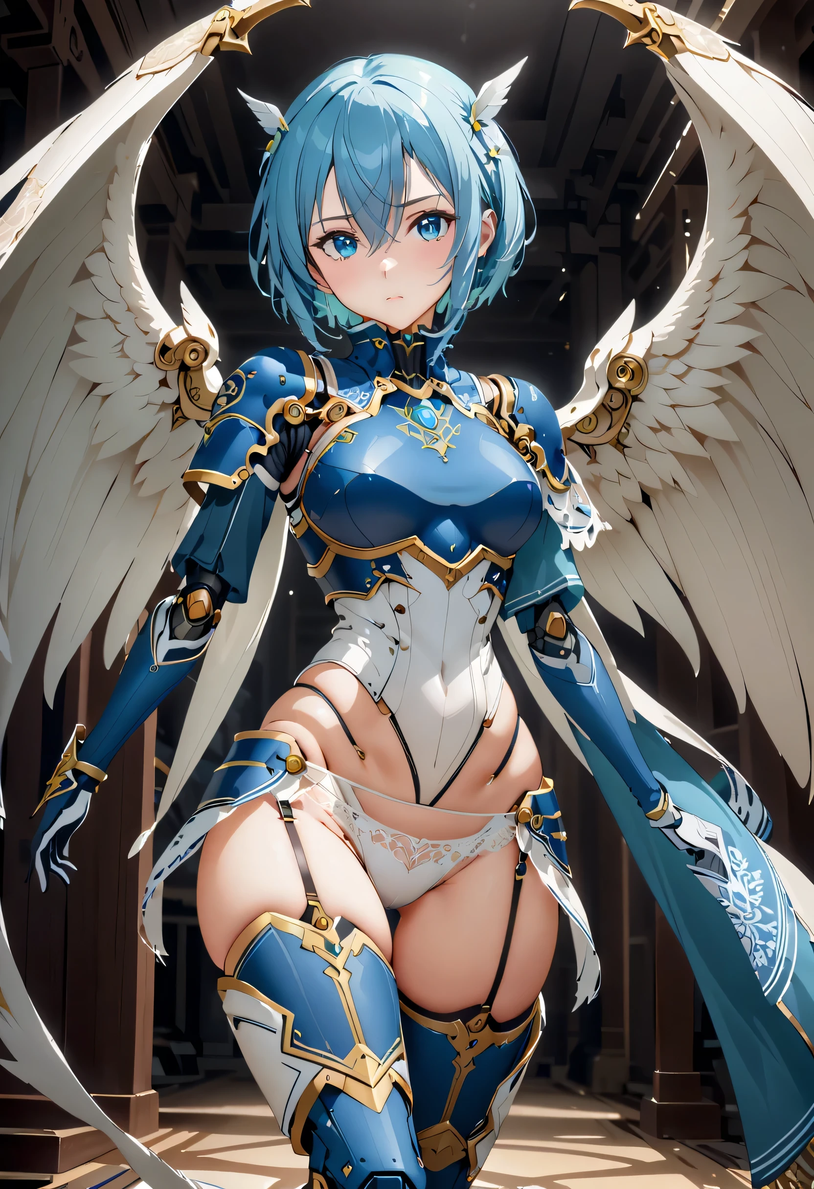 White lace panties,Alone,  1 girl, Android is not alone, shino asada,  short hair, bangs,  blue eyes, Hair accessories,  hair between eyes,  blue hair,  side lock, Vertical pupil, Gloves,  long sleeve , Wings, white Gloves, armor, shoulder armor, breastplate, blue armor,, arms, Focus on women, Cape, armor, Androidized 、Robotization, Handguard,  waist wrap skirt , breastplate, full armor， thigh high heel boots,  robotic joints 、anatomically correct machine body 　(((masterpiece)))， ((Best Quality))， (( intricate details))　(8k)、  full body shot 