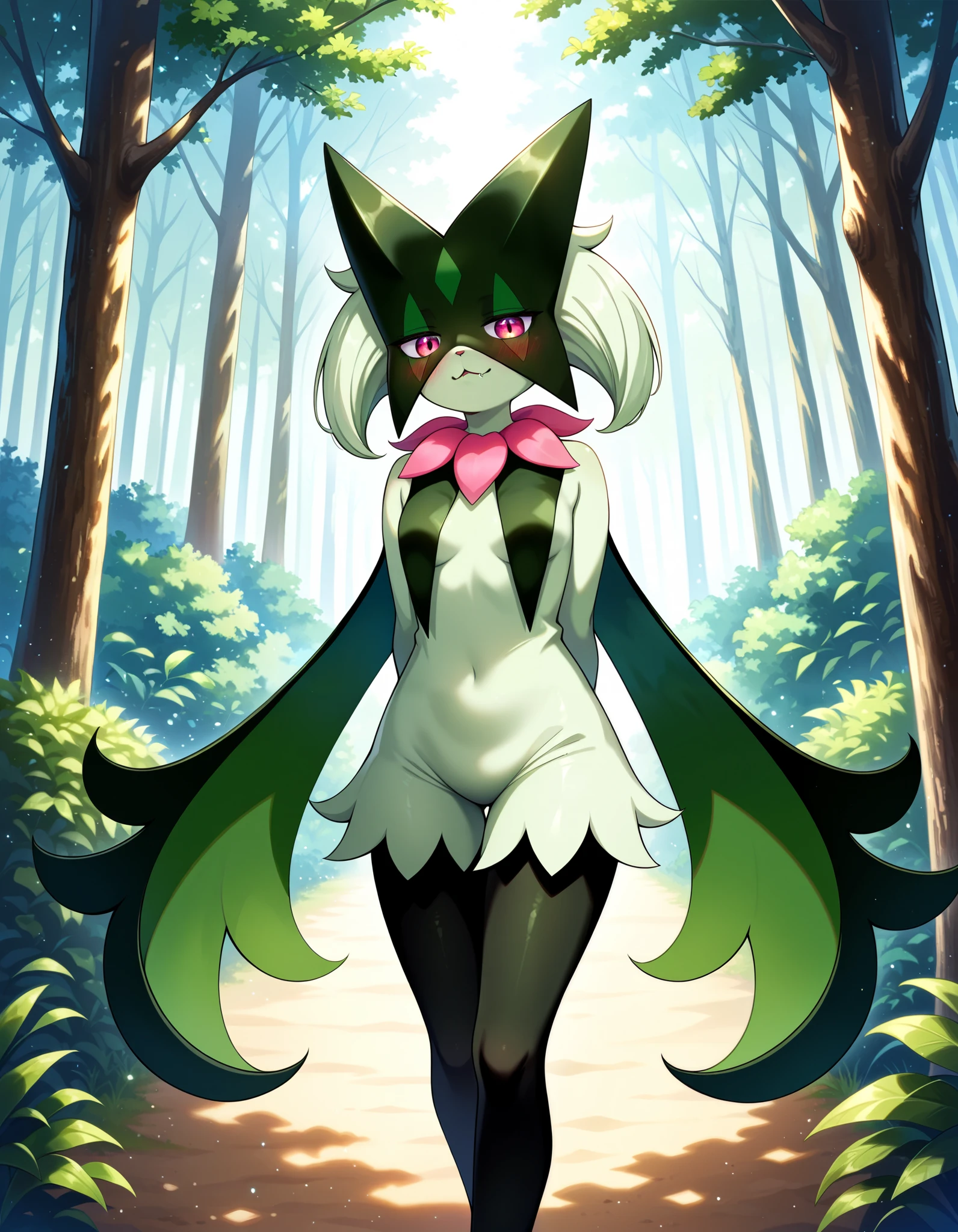 score_9,score_8_up,score_7_up,source_anime, realistic, photoreal, anthro, an anthro meowscarada standing in a moonlit forest at night with bioluminescent flowers, solo, female, posing seductively, arms behind back, hyperdetailed eyes, hyperdetailed fur, meowscarada, slit pupils, blush, Meowscarada