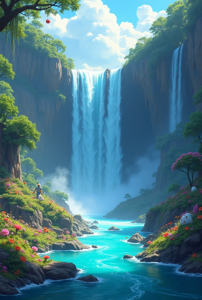 An animated landscape in the middle of a waterfall - SeaArt AI