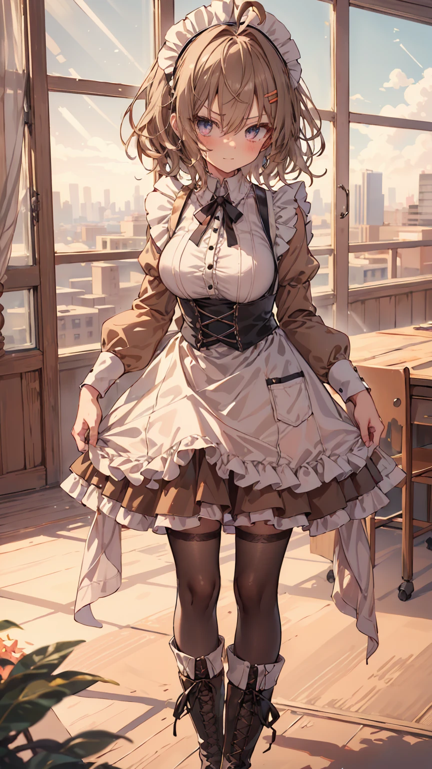 masterpiece, 1 girl, sparrow, a brown haired girl, wearing a maid clothes, curly short hair, messy hair, slim body, he close her left eye, shirt ornament, ruby eyes, ahoge, baby face, beautiful eyes, boots, droopy eyes, her age is 19, short hair, curly hair, MongolPunkAI, view from right down, lend a hand to you, he very close to you, smug smile, rainbow_one, brown tunic shirt, long maid skirt, maid headband, maid, high quality, 8k, student, big breasts, beautiful breasts, white stocking, long sleeves, shsparkle, angry face,