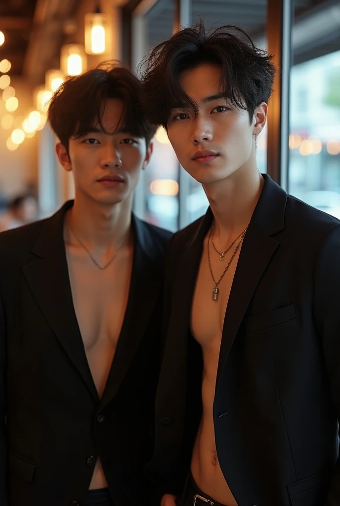 two boys, kissing, Photorealsitic, 8K full body portrait, a handsome, 18-year-old man, A charming expression, detailed face details, topless, sexy, Brief underwear, TOKYOcty, Winters, night, neon lights, in pub