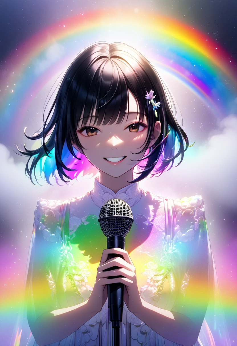 A woman with medium black hair holding a microphone with both hands"Haruna"The gentle smile , Vocal stage costume based on white , Hold the microphone with both hands,  upper body focus ,  bust up shot, ((background:Mysterious fog  , Rainbow, Neon Dust, Shading Effects,  gradient magic effect , Fog filter effect , Glitter Effect, Graphic CG digital art))