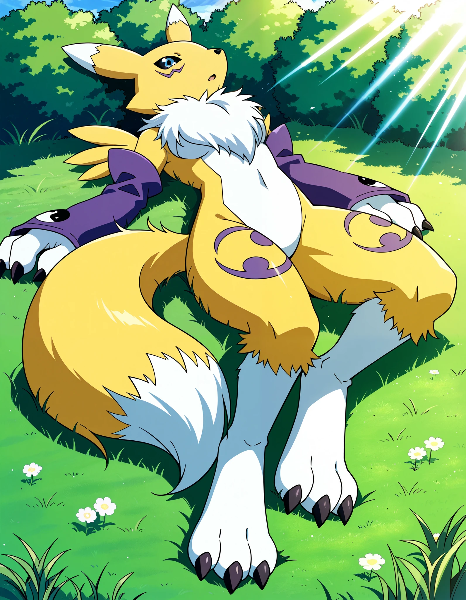 score_9,score_8_up,score_7_up,source_anime, BREAK 1girl, solo, renamon, digimon, furry, yellow and white fur, lying on back, outdoor, grassfield, bush, sunlight