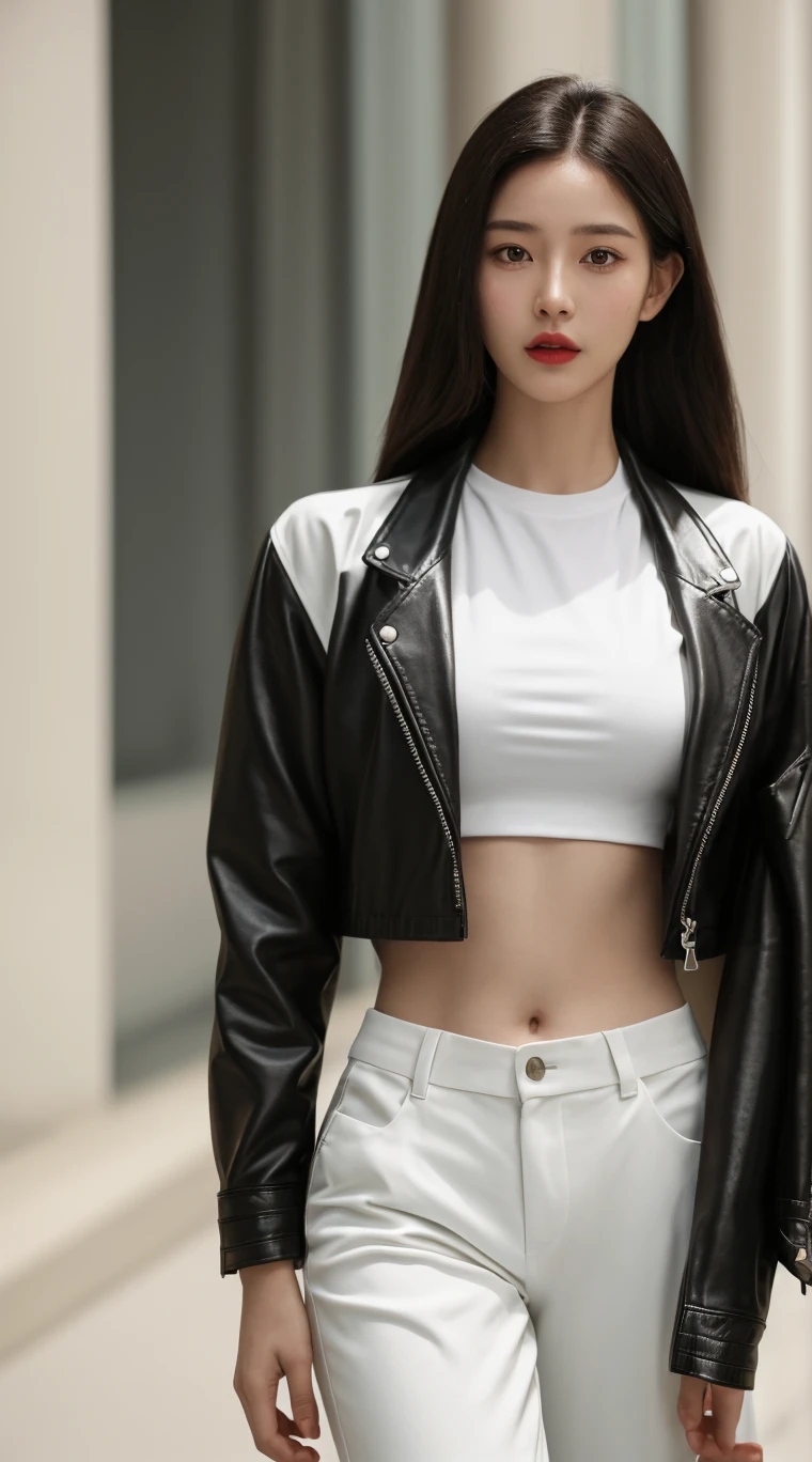 best quality, high quality, ultra quality, 8k, masterpiece, detailed, extremely detailed, insanely detailed, ultra detailed, ultra highres ,exquisite,
lifelike Images,cinematic experience,UHD picture,Realistic,photorealistic,hyperrealistic,vivid,RAW photo,shot by DSLR, One girl, (black leather jacket:1.3), white tank top, black leather pants, cyberpunk city