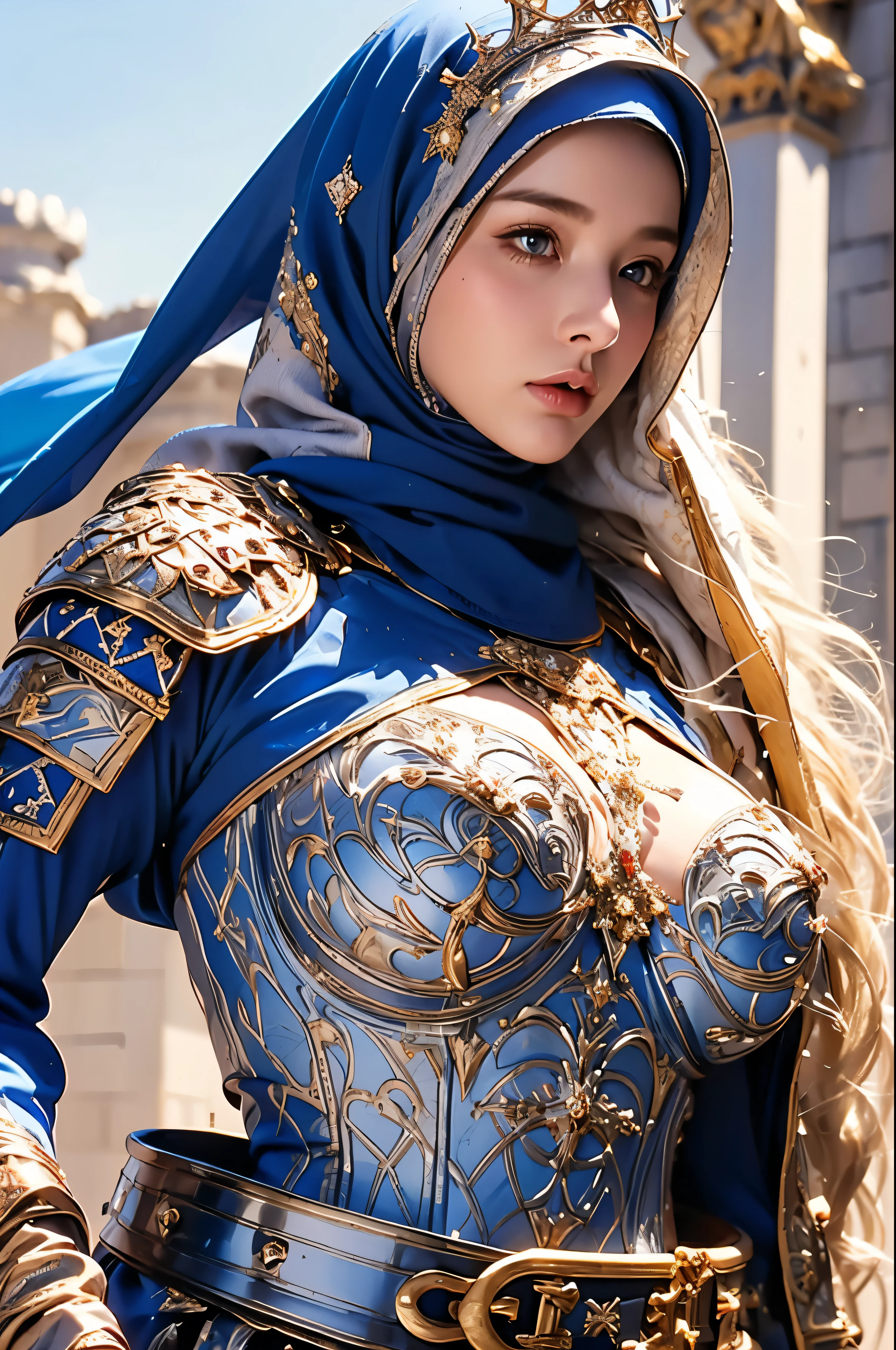 Princess, ((((Wearing the hijab)))), full armor with luxury pattern, Crown Luxury , blue eyes, Blonde, Around , (Red and silver hijab), masterpiece，The best quality at its best，High resolution，8k，((Portraiture))，(Upper Body)，Original photo，Actual photo，Digital photography，(Female Princess in the medieval fantasy style)，(Medieval Princess in fantasy style), virgin Princess ，blue eyes， Super huge breasts, Extravagant decoration of breasts plate armor，Lips parted，Make your lips look more attractive and glamorous，((Blushing))，Contempt for Virgins，calm and beautyfull ，(Medieval Fantasy Dress，Beautiful armor breasts, Narrow waist, perfect colossal breast of Princess body, oc rendering reflection texture, luxury breasts armor , Medieval castle background,