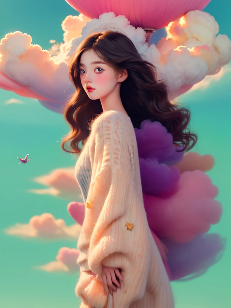 ( best quality,4K,8K, High Res,masterpiece:1.2), The girl in the cloud has hair as fluffy as clouds, Little Star, Fantasy illustrations, Dreamy colors,  illustration style . bright colors 