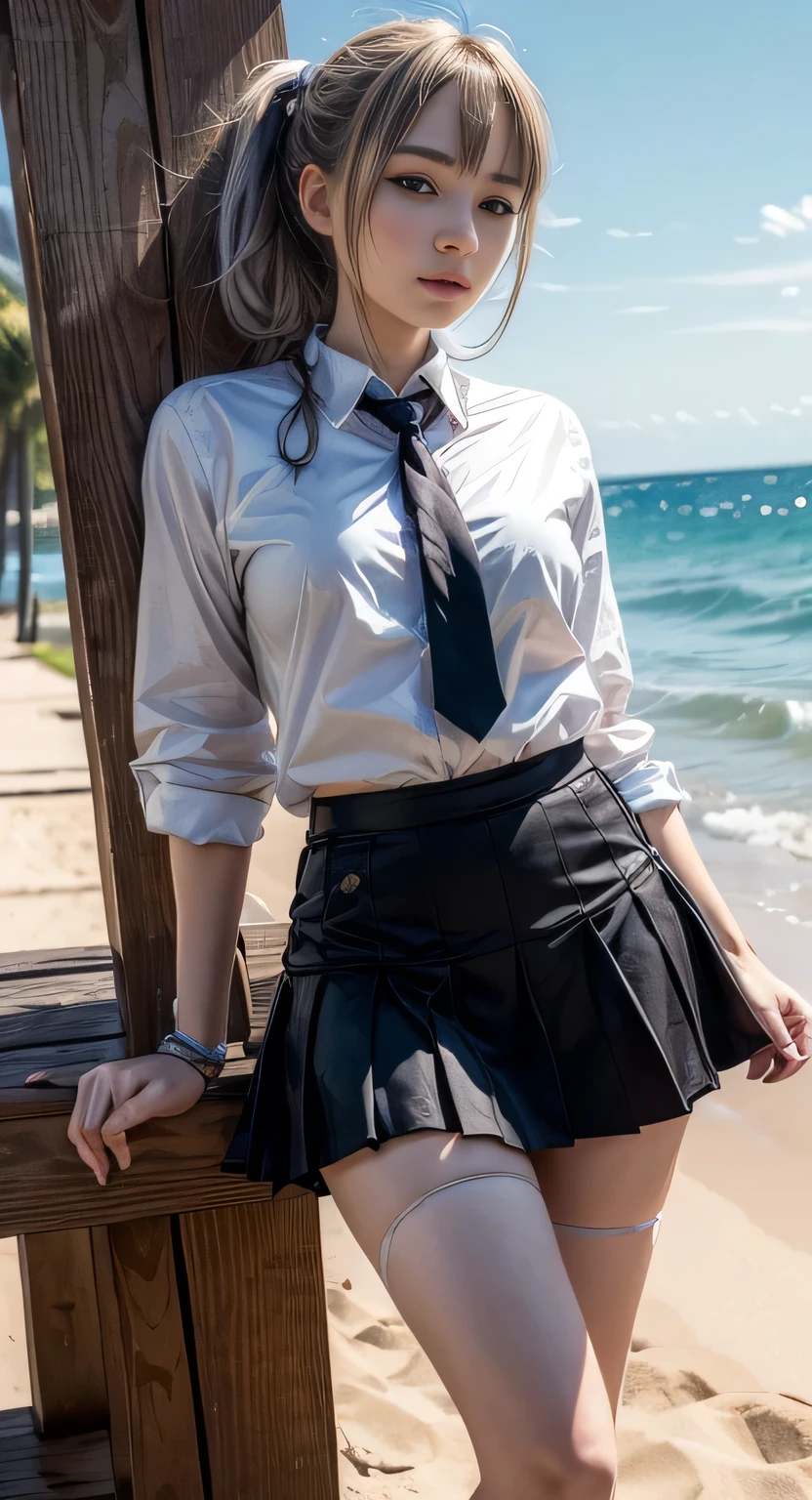 Blonde sexy woman, 18 years, extreme long hair, cute, messy hairstyle, red lips, dressed in a school girl uniform, black stockings, high heels, smiling, bleu eyes, beach

