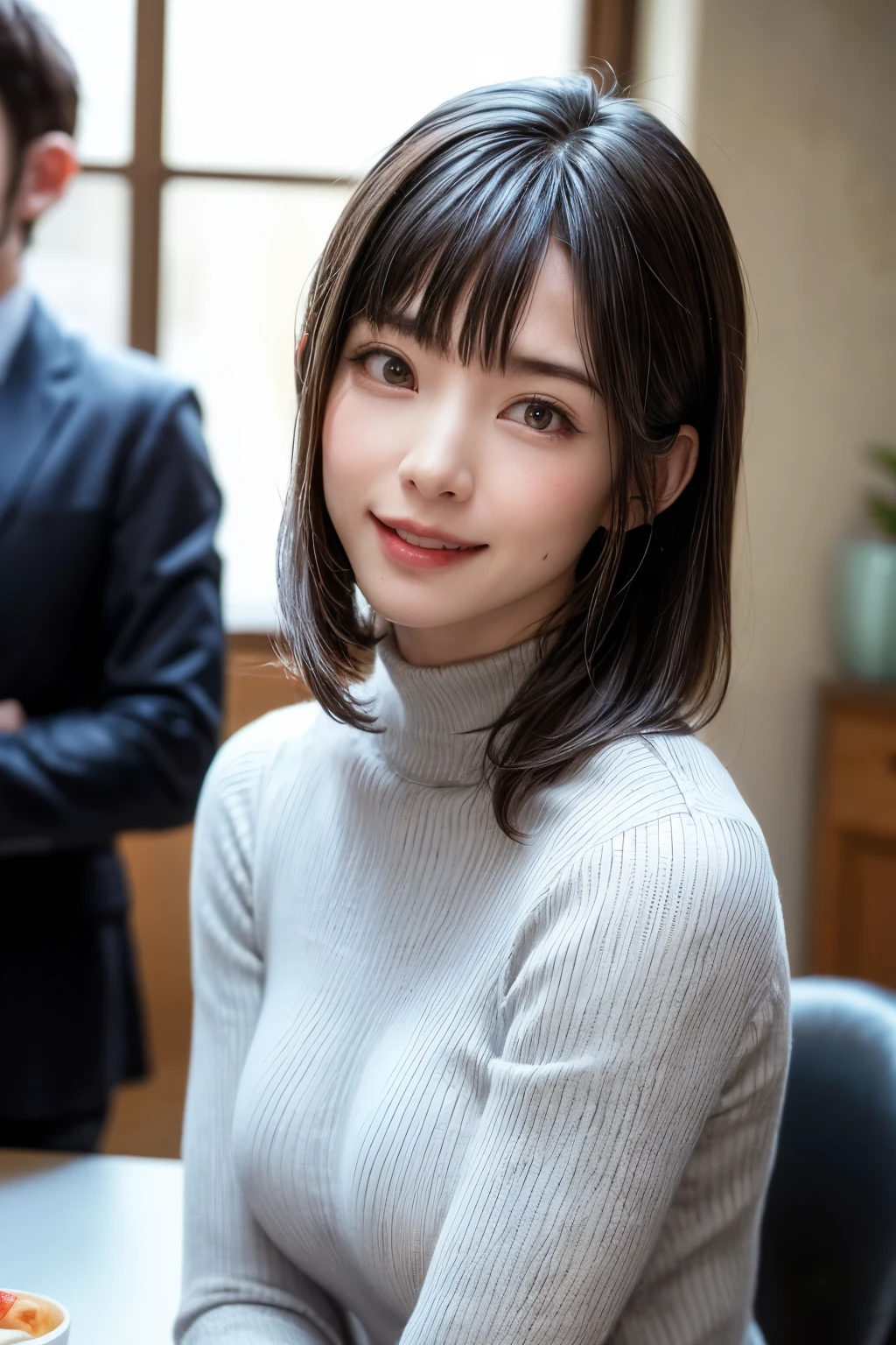 (masutepiece, top-quality、high-detail:1.4、Very attractive beauty、Add intense highlights to the eyes、Look firmly at the camera:1.4、A beautiful woman full of charm、Ideal ratio body proportions、Perfect Anatomy、Brunette Short Bob Hair、Lustrous hair、bangss:1.4、光沢のあるbangss:1.4、lipgloss),1girl in, report, Light brown shiny hair, muffler,realisitic, looking at the viewers、Tilt your head slightly, Bright colored crystal light blue eyes, short shiny hair、 White turtleneck outfit with a hole in the center of the chest,Sexy white turtleneck knit sweater with a round hole in the middle of the chest、 s lips, lipgloss, The upper part of the body、big eye、Lashes、A little red in the face、Embarrassing)、((italian road in winter))、((short hair with big eyes、Put very strong highlights in your students、{Gigantic|Big|Huge|Mega} breasts:1.4、very Bigger breasts、gazing at viewer、Very beautiful beauty、Put your ears out、long neck、little smiling、Beautiful teeth、Open your mouth and smile、Heart-shaped pupil))、28 year old、Very cute supermodel、bangss:1.7、艶のあるbangss:1.7