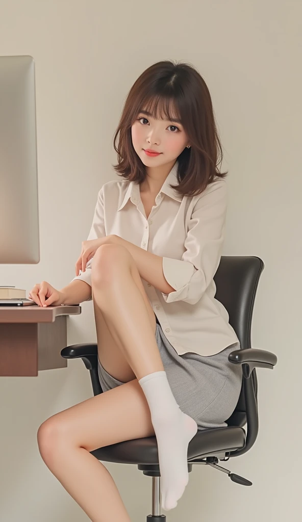 ((highest quality、超A high resolution、masterpiece))、sharp focus、広い is written in depth、(excellent anatomy:1.2)、(Photoreal:1.4)、(1 Japanese office lady:1.3)、Black Business Closer Rack Blazer、gray tight skirt、high heels、narrow side、thin thighs、physically thin、short hair、((looking at the viewer))、 look at the camera、on the couch in the conference room、((sleeping on one&#39;s back:1.6))、((spread your legs:1.4))、(Upskirt:1.7)、(woman lifting up her skirt)、laughter:.0.6、detailed face、fine skin texture、fine fabric texture、(beautiful female genitals、Emphasis on female genitalia、A woman showing off her female genitals、Photos focused on female genitalia、from below撮った)、(from below)、((close-up of crotch:1.48))、((Low position shooting:1.45))