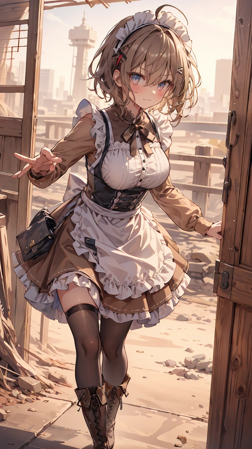 masterpiece, 1 girl, sparrow, a brown haired girl, wearing a maid clothes, curly short hair, messy hair, slim body, he close her left eye, shirt ornament, ruby eyes, ahoge, baby face, beautiful eyes, boots, droopy eyes, her age is 19, short hair, curly hair, MongolPunkAI, view from right down, lend a hand to you, he very close to you, smug smile, rainbow_one, brown tunic shirt, long maid skirt, maid headband, maid, high quality, 8k, student, big breasts, beautiful breasts, white stocking, long sleeves, shsparkle, angry face,