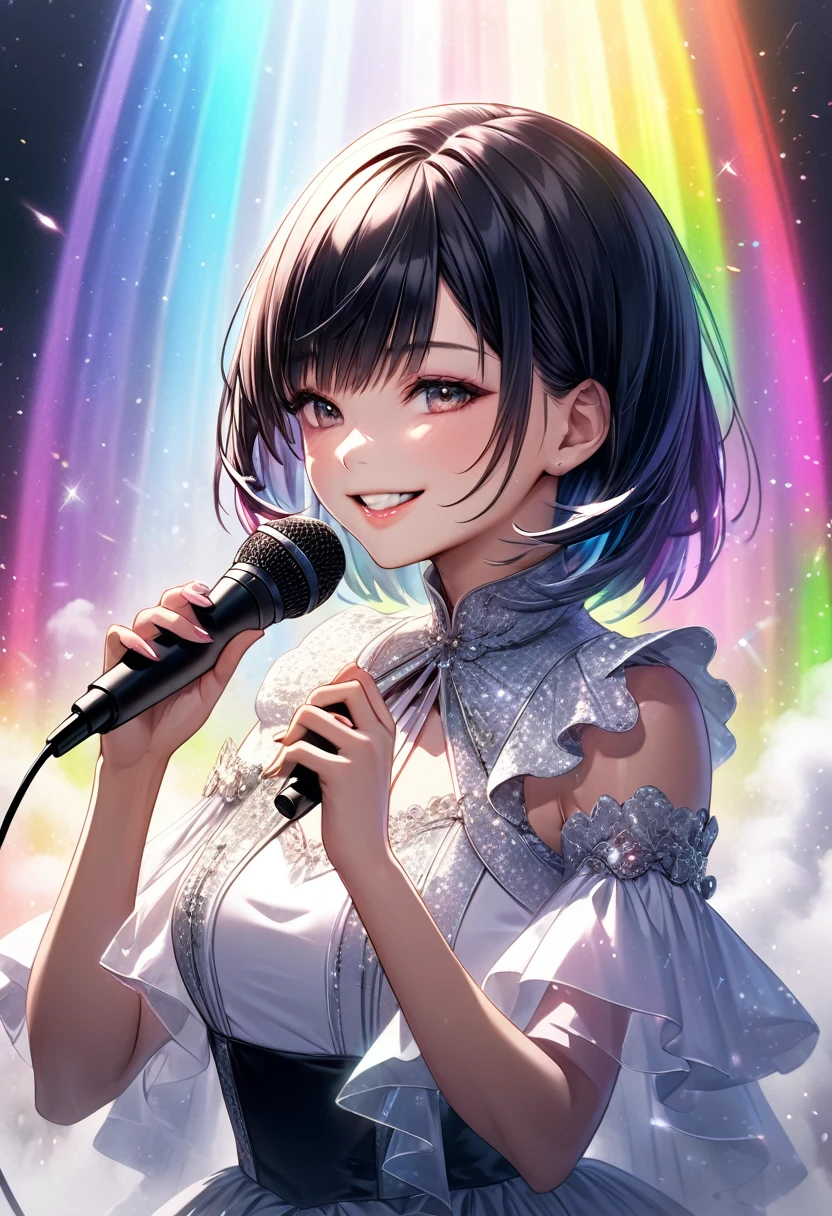 A woman with medium black hair holding a microphone with both hands"Haruna"The gentle smile , Vocal stage costume based on white , Hold the microphone with both hands,  upper body focus ,  bust up shot, ((background:Mysterious fog  , Rainbow, Neon Dust, Shading Effects,  gradient magic effect , Fog filter effect , Glitter Effect, Graphic CG digital art))