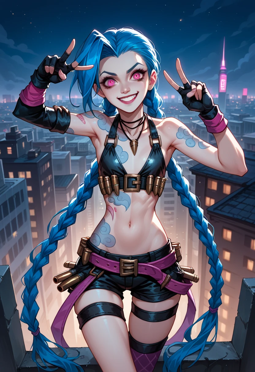 Jinx (League of Legends),Alone,tattoo, twin blade ,Long Hair, jewelry,belly button, blue hair, Shorts ,very Long Hair,Thigh length,Under the arms, necklace ,belt,bullet ,short  Shorts ,Gloves,Pink Eyes,  watching viewers , small breasts, flat chest, ,  skyscraper roof ,  overlooking the night view of the city ,  countless building lights spreading out in the background, Hair dancing in the night breeze , Victory Smile,  thrilling atmosphere ,  dark hero style 