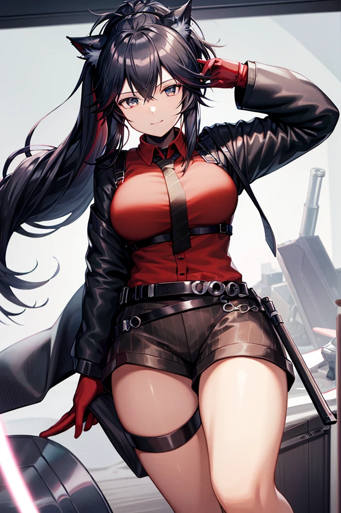 (( Best Quality)),   high definition ,   CG in detail ,  bright ,  one woman,  cowboy shots, smile, Texas_ arknights, Long Hair, Black Hair, cat ears,  animal ears ,  blue eyes, very Long Hair,  ponytails,  detail eyes ,  red shirt,  collared shirt,  black body harness,  black jacket ,  black tie,  black shorts, Thigh belt