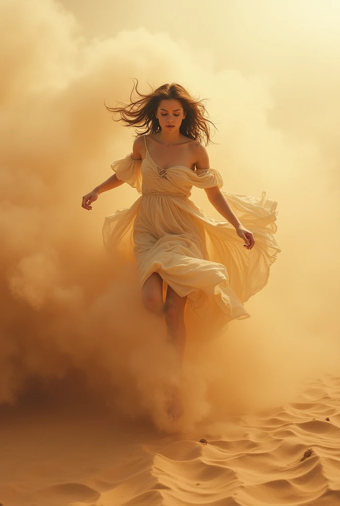 Horror dynamic movie scene, a flying creepy demon woman in withered torn strange costume, black liquids from eyes and mouth. background is in desert. fantasy art, fantasy character art, character portrait. dust swirling around. clothes and hairs blowing in the wind.