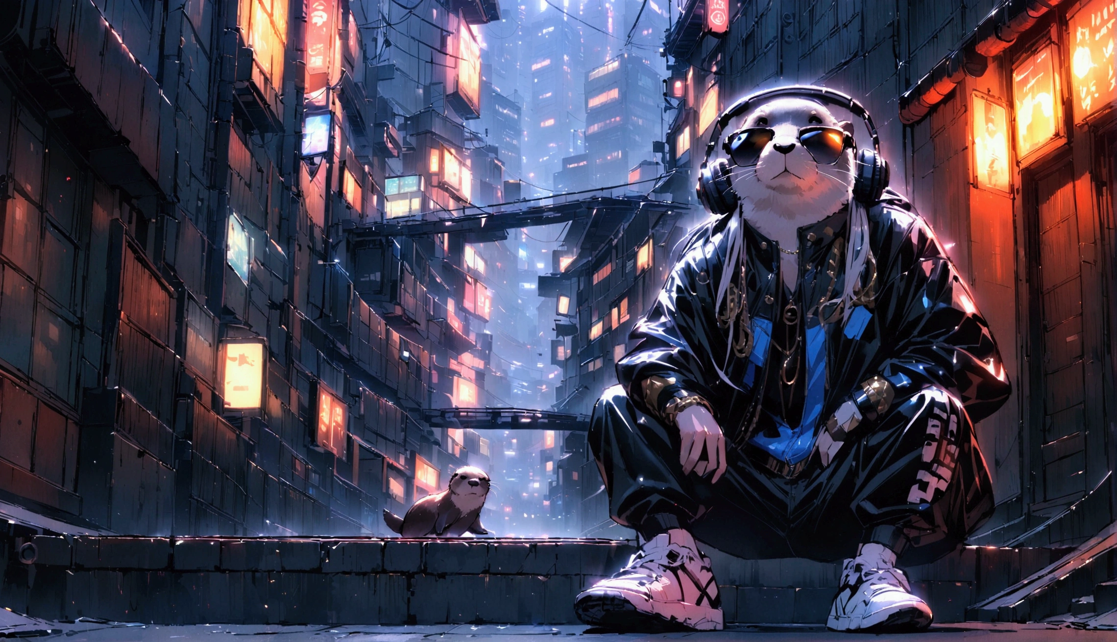 The otter, dressed in a hip-hop outfit with headphones and dark sunglasses, has a cool expression as it sits on stairs, looking down over the city of Tokyo