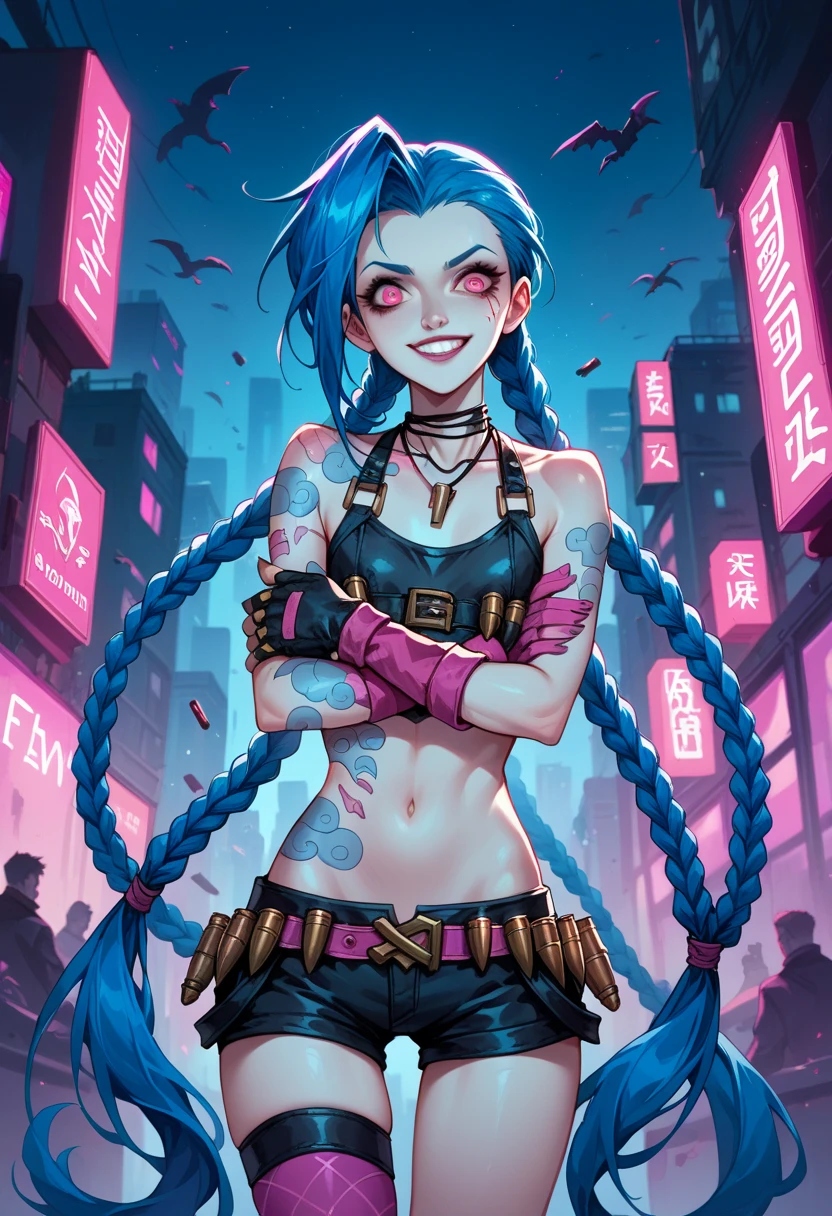 Jinx (League of Legends),Alone,tattoo, twin blade ,Long Hair, jewelry,belly button, blue hair, Shorts ,very Long Hair,Thigh length,Under the arms, necklace ,belt,bullet ,short  Shorts ,Gloves,Pink Eyes,  watching viewers , small breasts, flat chest,  Neon illuminated city night , Dark blue cityscape ,  Neon pink and purple lights shining background,  with a fearless smile ,  Mysterious Atmosphere,  cyberpunk style