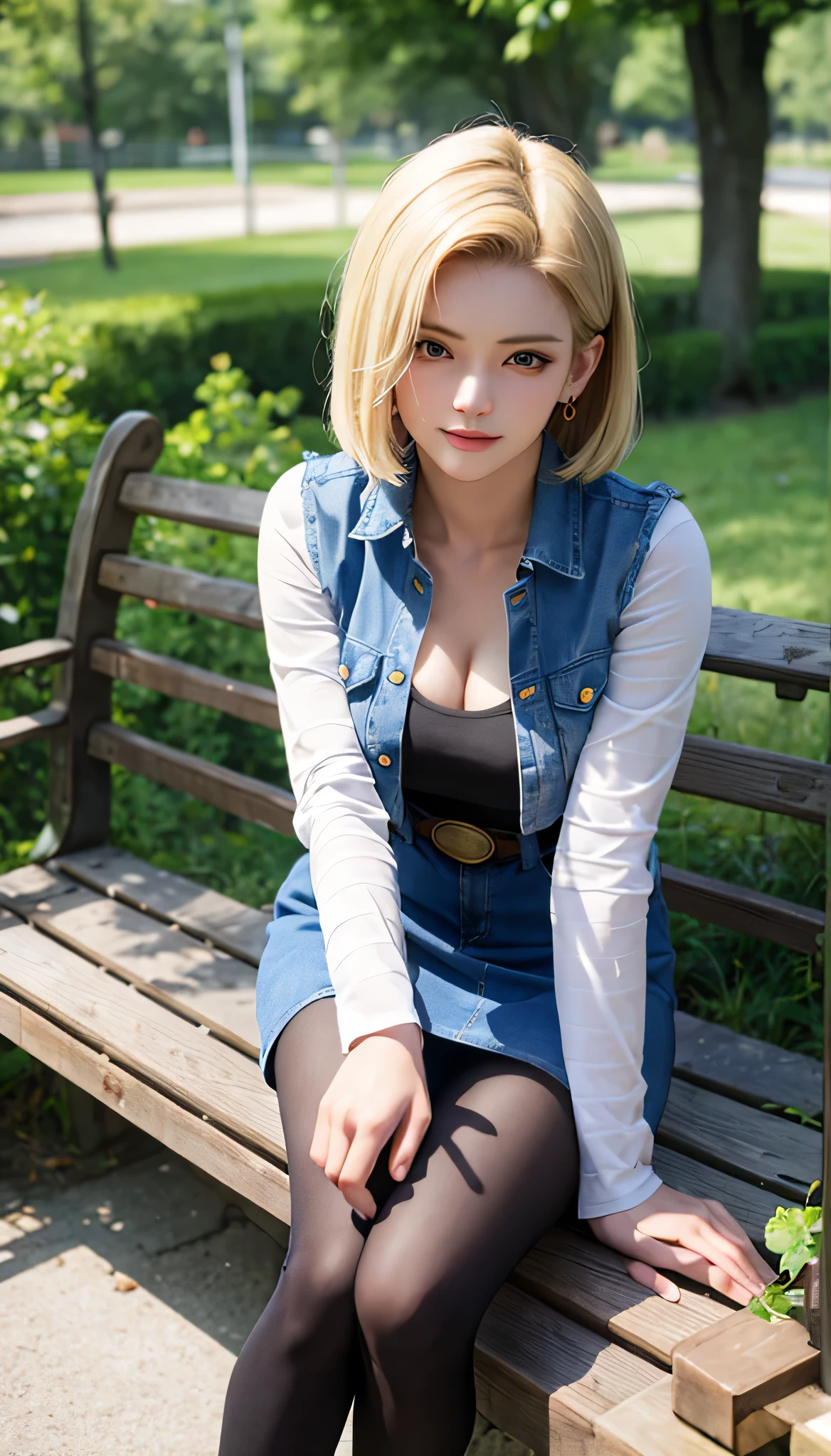 Android 18, Light Blonde hair, Medium Bob hair, Blue eyes, Wearing earrings, Long sleeves, Light blue denim mini skirt, Light blue mini denim vest, Black T-shirt with high cleavage, Big breasts, Belt, Dark brown see-through pantyhose, Western short boots, Looking at viewer, Slight smiling with closed lips sitting, On bench, She raised her right leg and gently placed the heel of her right boot on another very low bench in front of her, Blue sky, sit on a bench, outside, park, grass, Summer, trees, blue sky, high quality, masterpiece,