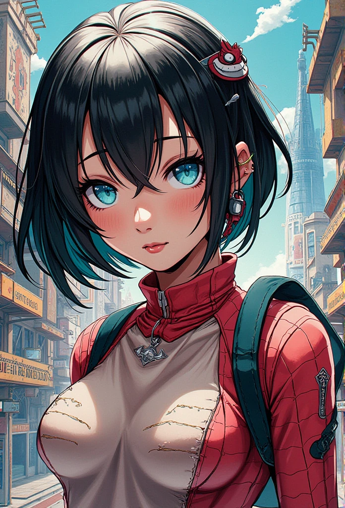 animation style 2 .5D manga niji6 strong traits oil ink art super details in the art Alita  + Spider-Girl in a taped blouse with pink torn sexy perky veins curved upwards with blue eyes with black tomoi in reality style photo realism maximum quality details super graphic perfection of the latest generation