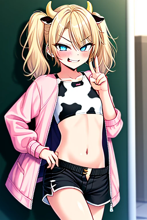 (,young girl ,short stature,gyaru)) ,flat chest,nsfw,plump,rockerroom,big head、Taunt、Teasing、evilsmiling,