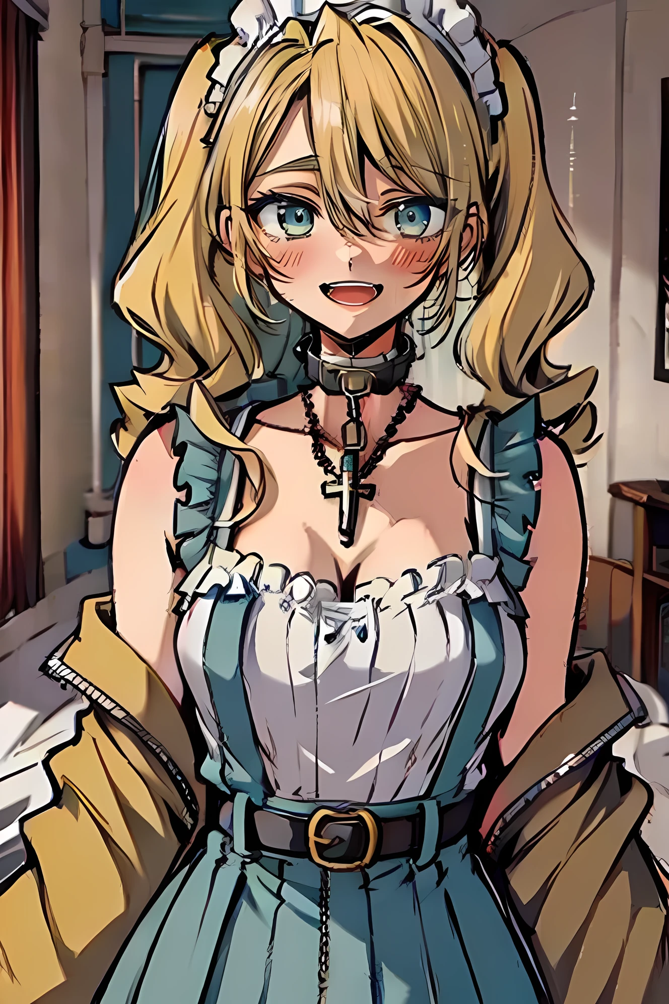 (masterpiece:1.2), (high quality:1.2), rekkyo sensen, rekkyou sensen, girls with(((1girl, solo, aiden d adams, blonde hair, teal eyes, smiling, blush, opened mouth, maid headdress, wavy medium hair, right swept bangs, low twintail:1.3), maid, breasts, choker, cleavage, coat, cowboy shot, (white frilled dress:1.2), camisole, off-shoulder sleeves, bare shoulders, ribbon waist belt, collar, collarbone, rosary, rosary choker, cross, fur, khaki hoodie, green hoodie, hood down, hooded coat, hooded jacket, hoodie, jacket, long sleeves, medium breasts, open clothes, open coat,open hoodie, sleeveless, winter clothes, cleavage, upper body, hand up, waving, palm)), background with((bedroom, room:2.0))