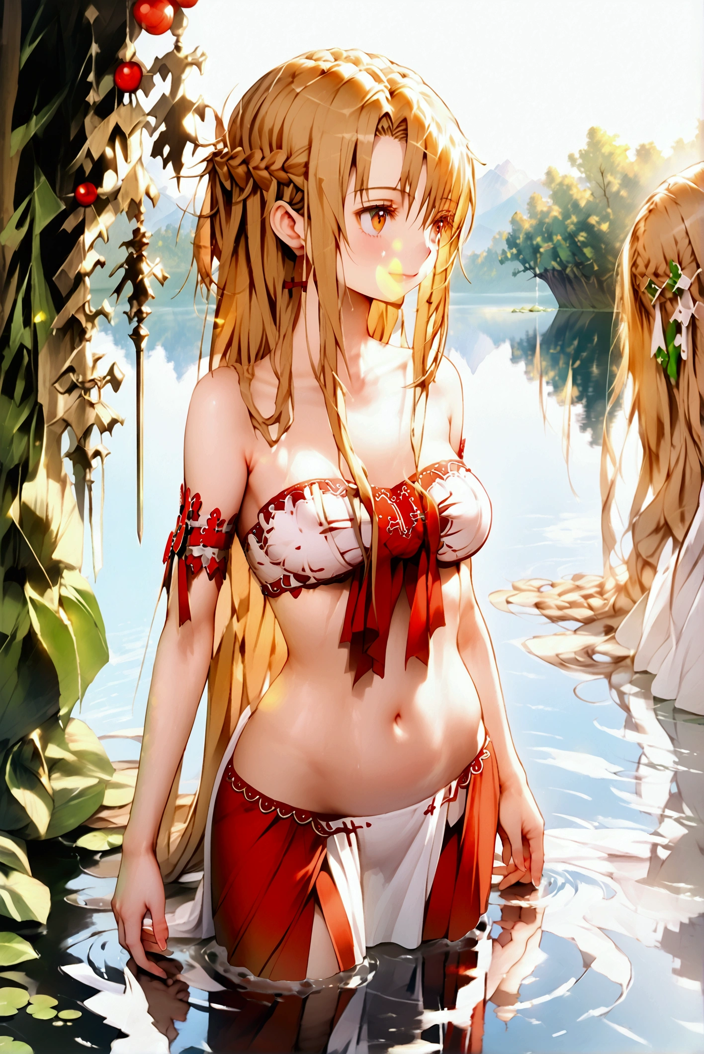 fullnude、Girls in a courtyard, cute bow, (pubic hair), shy small smile, (FLATCHESTED:1.3)、flat chest, superflat chest, (one embarrassed girl naked: 1.3), (fully clothed girl holding naked girl:1.3), one embarrassed girl naked and second girl in sundress, zero breast size, blunt bangs, red-haired girl with two long braids and the second girl is blonde with two ponytails, Shiny hair, Delicate beautiful face, White skin, Beautiful cloud, Dusk sky, rural girl, sundress