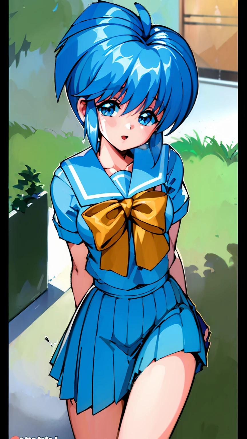 ( best quality, 8k, 32K, masterpiece,  ultra high resolution:1.2),  blue hair,  short hair, Saki Nijino, smile, fine, Full Strength, guts , sweat , kawaii, Eros,  mini skirt, Naughty expression