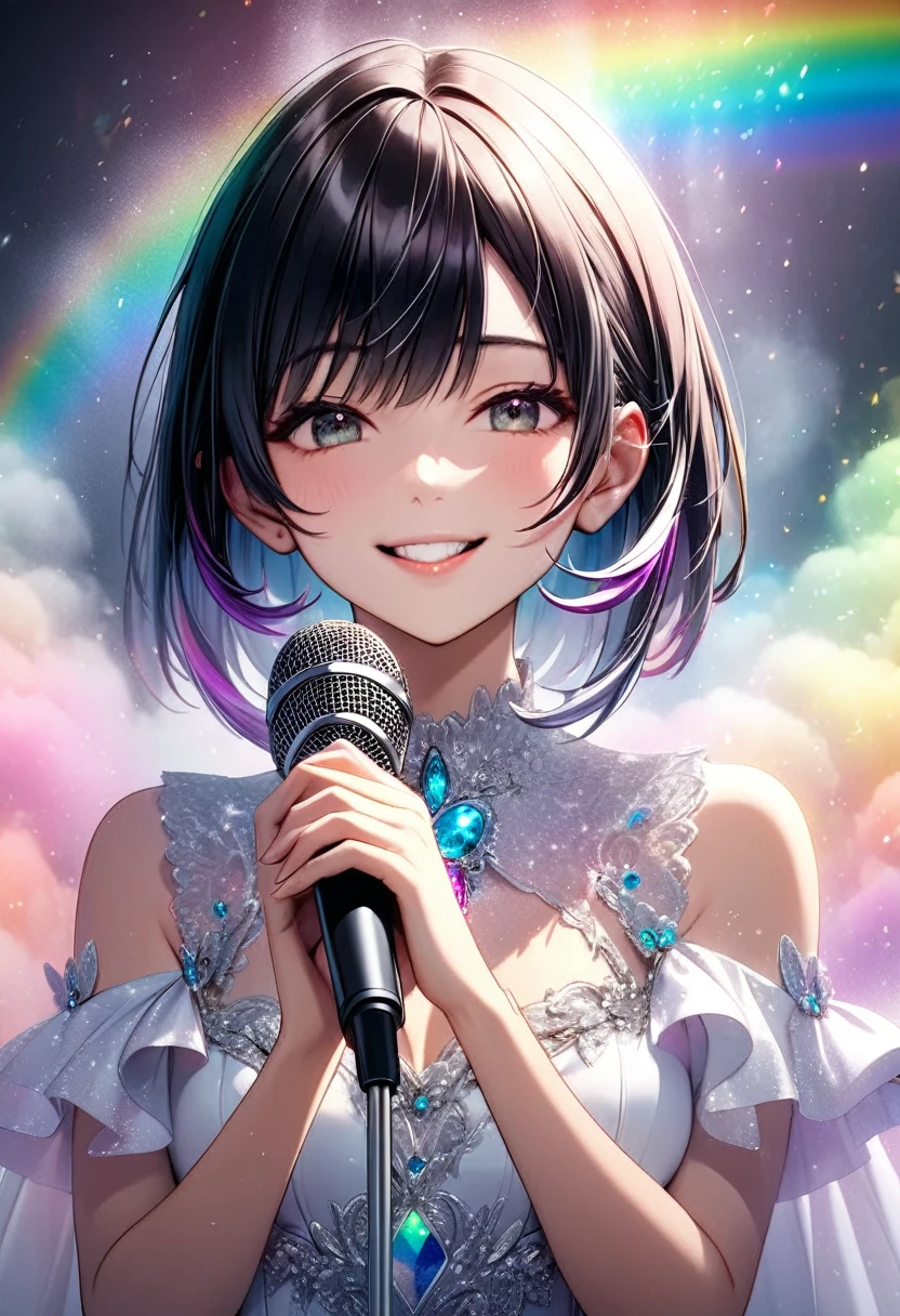 A woman with medium black hair holding a microphone with both hands"Haruna"The gentle smile , Vocal stage costume based on white , Hold the microphone with both hands,  upper body focus ,  bust up shot, ((background:Mysterious fog  , Rainbow, Neon Dust, Shading Effects,  gradient magic effect , Fog filter effect , Glitter Effect, Graphic CG digital art))