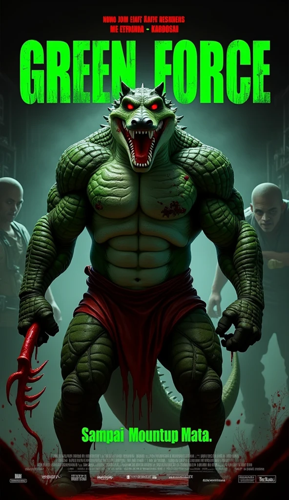 The film poster design for the horror film entitled 'GREEN FORCE' The poster features a muscular anthro green crocodile monster with glowing red eyes and blood-stained fur. His body was covered in scars, and his expression was filled with anger and determination. In one hand, he holds a jagged, blood-stained weapon, ready for revenge. The background is dark, with the shadows of his tormentors looming, creating an atmosphere of terror and fear. The title 'Emosi Jiwa Ku' was displayed at the top in bold, green, blood-dripping letters. A tagline below reads: 'Sampai Menutup Mata.' in a simple, clean font, paying tribute to its creator. The color palette uses dark reds, blacks, and grays to emphasize the horror and brutality of the film. The atmosphere is tense, filled with the constant promise of revenge."