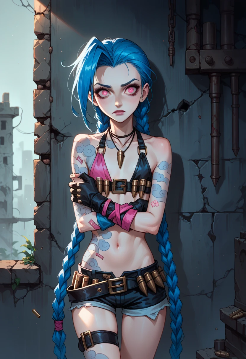 Jinx (League of Legends),Alone,tattoo, twin blade ,Long Hair, jewelry,belly button, blue hair, Shorts ,very Long Hair,Thigh length,Under the arms, necklace ,belt,bullet ,short  Shorts ,Gloves,Pink Eyes,  watching viewers , small breasts, flat chest,  Ruins of a Desolate Factory ,  Rusted Iron and Concrete , Collapsed Wall, Grey Mist, A Window with Cold Light Leaking Through , Jinxの周りに漂うダークなオーラ, Eerie Beauty