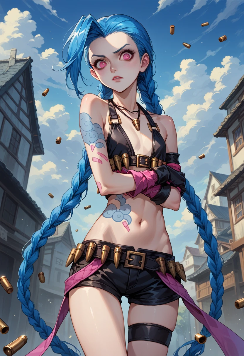 Jinx (League of Legends),Alone,tattoo, twin blade ,Long Hair, jewelry,belly button, blue hair, Shorts ,very Long Hair,Thigh length,Under the arms, necklace ,belt,bullet ,short  Shorts ,Gloves,Pink Eyes,  watching viewers , small breasts, flat chest, shortage波が打ち寄せる崖の上,  Dark Clouds Dropping Through ,  hair that flutters like,  Dramatic Poses ,  Feeling Lonely ,  Grey Ocean in the Background , shortage々Beautiful Scenery in Shikumo 