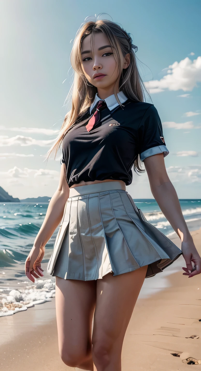 masterpiece, best quality, (photorealistic:1.4), cowboy shot, classroom, updo hairstyle hairstyle, skinny, school uniform, bangs, skinny,
microskirt, thighhighs, crop top, (best quality,masterpiece), (24 year old:1.2) woman, wearing catholic school uniform, (at a beach),