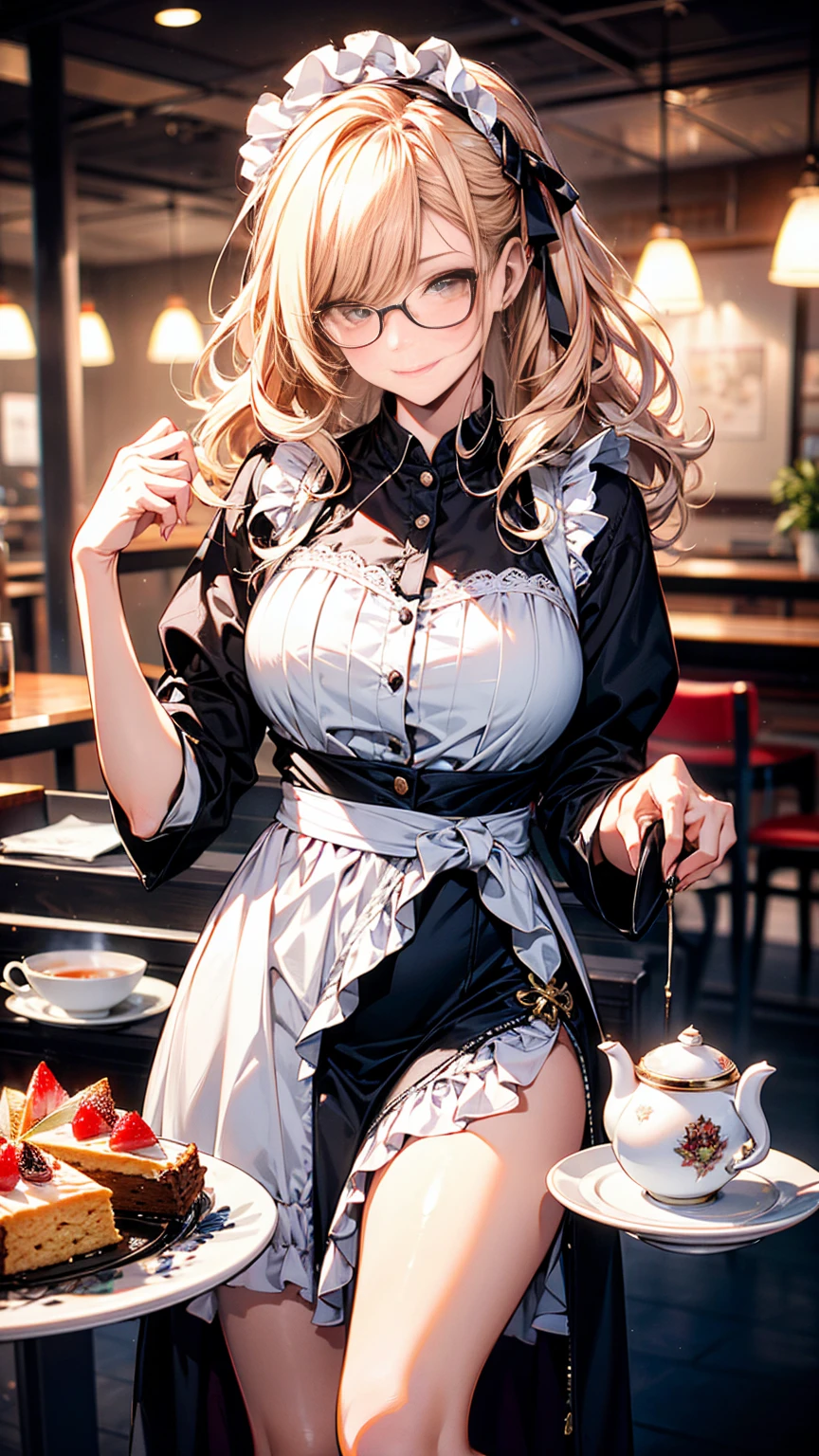 (Highest quality, masterpiece), (Ultra-high resolution, 8k RAW photos, Photorealistic:1.5, Cinema Lighting, Fabric Shading, Thin contours, Clear focus:1.2), Beautiful mature woman making tea_Garden party, Standing by the round table, Serve tea, Leaning forward, (Meisen tea set, you can, Tea cup, Some cakes on a plate), Delicate and elegant French style white table with gold accents and royal_green, (薄茶色のMaid clothesを着用:1.5, Cleavage, Maid clothes:1.2, Long Flared Skirt, apron, Bow tie on chest), Tall Sally, Long legs, Gray Hair, (Wearing thin glasses:1.2), (Mature Woman:1.5, 28 years old, alone), (Large Breasts, Saggy breasts, big , Tight waist), whole bodyesbian, (medium short Gray Hair, Hair on one eye, (Updo:1.2), Side Lock, Asymmetrical Hair, Wavy Hair), (thin and bright pupils, Highlighted, detailed eyes:1.3, A face with attention to detail, perfect face shape, Bloodshot eyes), (A seductive smile, Half-close your eyes:1.2), (Looking at the audience:1.3), (Dutch Angle, whole body:0.3, From below:1.2), ((Correct Anatomy:1.5, The right move)), (Ideal body proportions), (Outdoor:1.2, grassland),