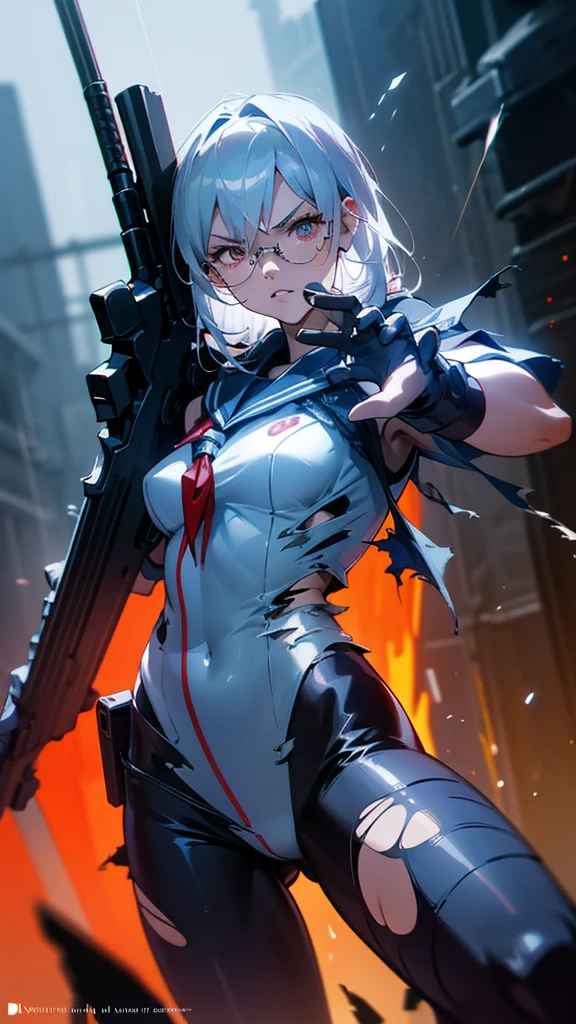 Silver Haired Girl,(( big breasts at the temple:0.2)),Red glasses,Prone position,Looking through a sniper scope,Aiming Gun , Tactical Boots ,Futuristic gun,Rain environment, high quality,8k,Super detailed, Surreal ,masterpiece, Movie Lighting,Dramatic lighting,Dramatic pose,High definition facial features, Very realistic , photorealistic, beautiful detailed eyes , beautiful detailed lips , extremely fine eyes and face , Long eyelashes, 1 girl, concept art , digital art、Shiny Futuristic gun、A vivid depiction of the human body、Sexy Sailor Battle Suit、(( torn clothes )) The hall in the center of the poster々Standing, Wear stylish and edgy clothing,  Expression Full of Determination . The background is dark、rough., There is danger and tension. The text is bold and eye-catching,  catchy catchphrases that create a dramatic and exciting atmosphere. The colours are mainly dark.、 Bright colors are interspersed  。, Gives the poster a dynamic and visually striking look,  character portrait ((Symposium cover))