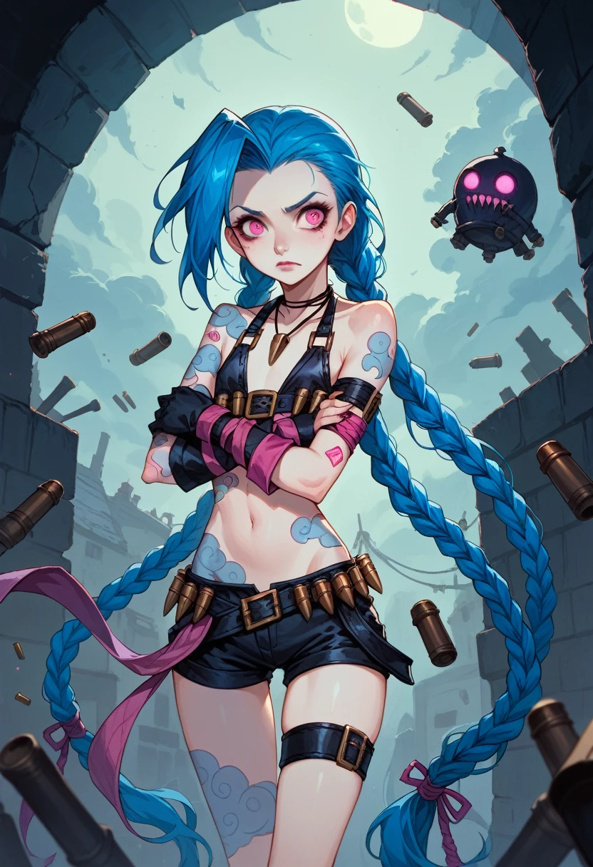 Jinx (League of Legends),Alone,tattoo, twin blade ,Long Hair, jewelry,belly button, blue hair, Shorts ,very Long Hair,Thigh length,Under the arms, necklace ,belt,bullet ,short  Shorts ,Gloves,Pink Eyes,  watching viewers , small breasts, flat chest, Dark underground labyrinth,  Narrow, Winding Stone Walkway,  Dusky Blue and Purple Light Shines In , 笑みを浮かべるJinx,  Spooky Space with Lots of Shadows ,  Fantastic Atmosphere , Mysterious Air 