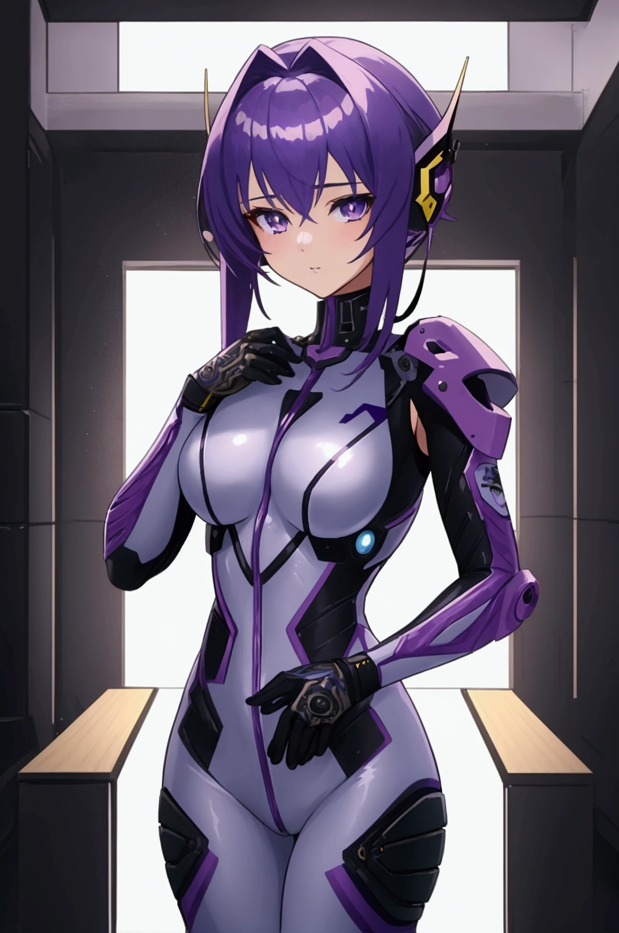 1 girl,NSFW,Nozomi Tojo, (lovelive), VR visor, clavicle, absurd, brainwashing,Combatant, empty eyes,((purple glowing eyes 1.5)), ( huge breasts ), ((stand up, one-handed salute)), No expression, emotions removed,((black bodysuit)),look away , whole body shape,(highest quality、4k、8K、High resolution、must have:1.2)、Super detailed、(reality、It&#39;s realistic、realistic:1.37)、ticker、hyper hd、studio lighting、ultra definition paint、sharp focus、Physically based rendering、extreme details、Professional specifications、vibrancy and color、blurry、sports portrait、landscape、horror style、anime big breasts、SF、photograph、concept artist、five fingers, perfect body,  {{{masterpiece}}}, {{{highest quality}}}, {{Super detailed}}, {shape}, {{very delicate and beautiful}},Improved cost performance、all roles、Canon 5D MK4でphotograph、photograph, 