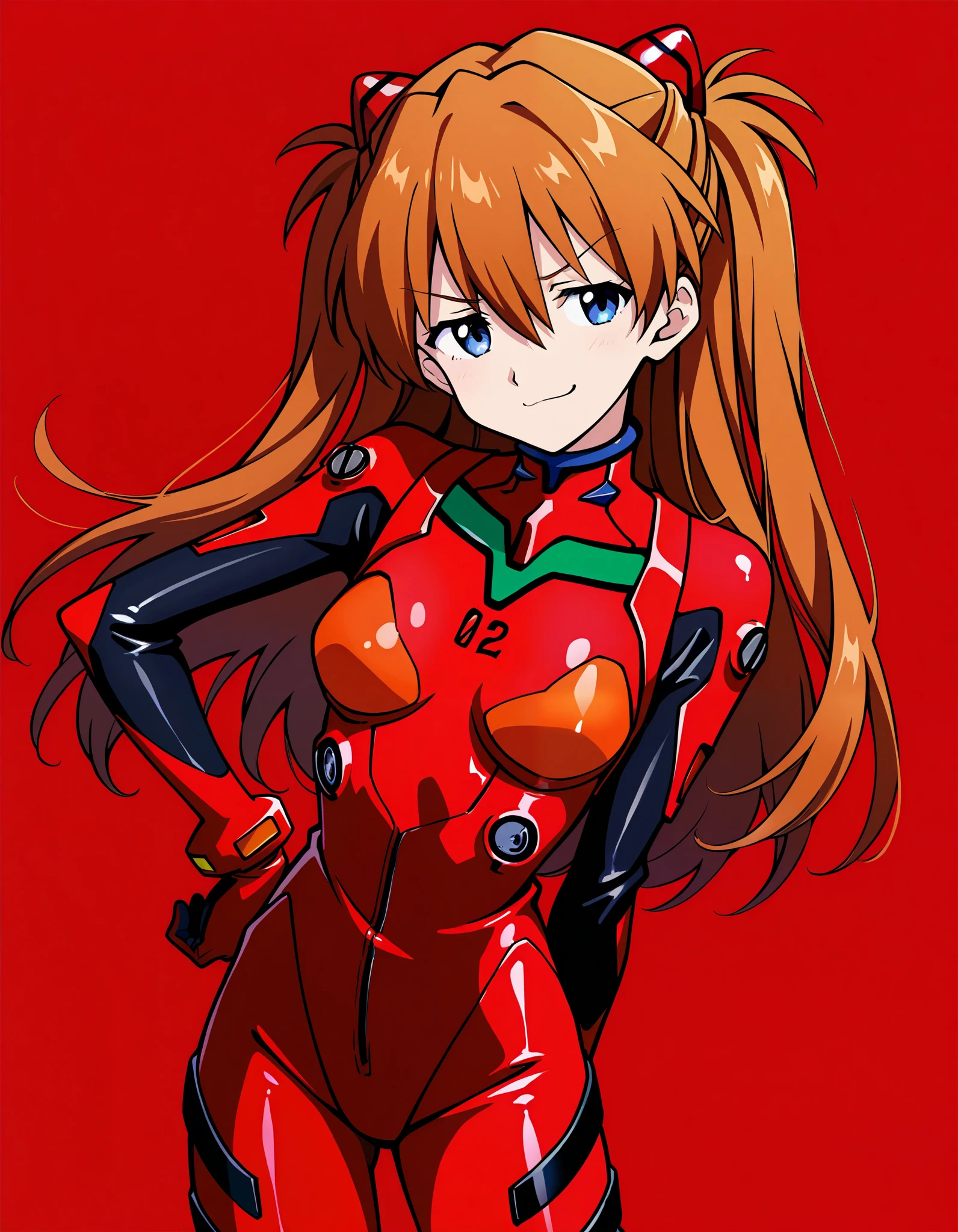 score_9,score_8_up,score_7_up, source_anime,  1girl, asuka langley soryu, brown hair, long hair, bangs, blue eyes, hair ornament, red zipped bodysuit, bodysuit, plugsuit, interface headset, smug, simple background, red background, cowboy shot